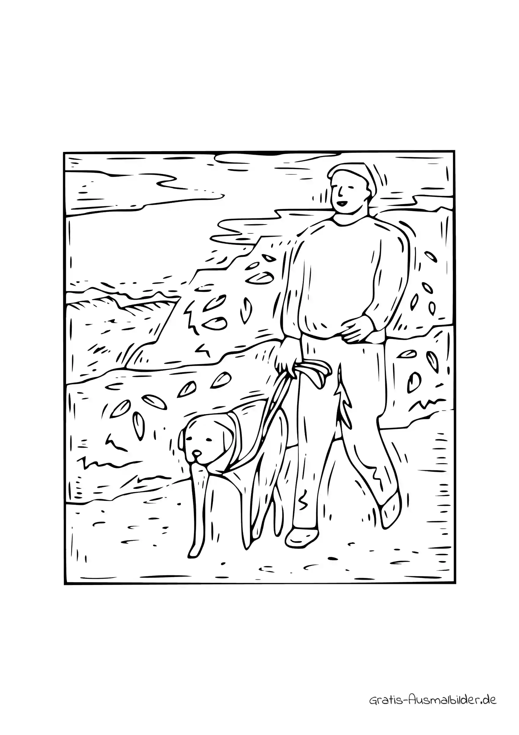 Ausmalbild Mensch mit Hund an Leine