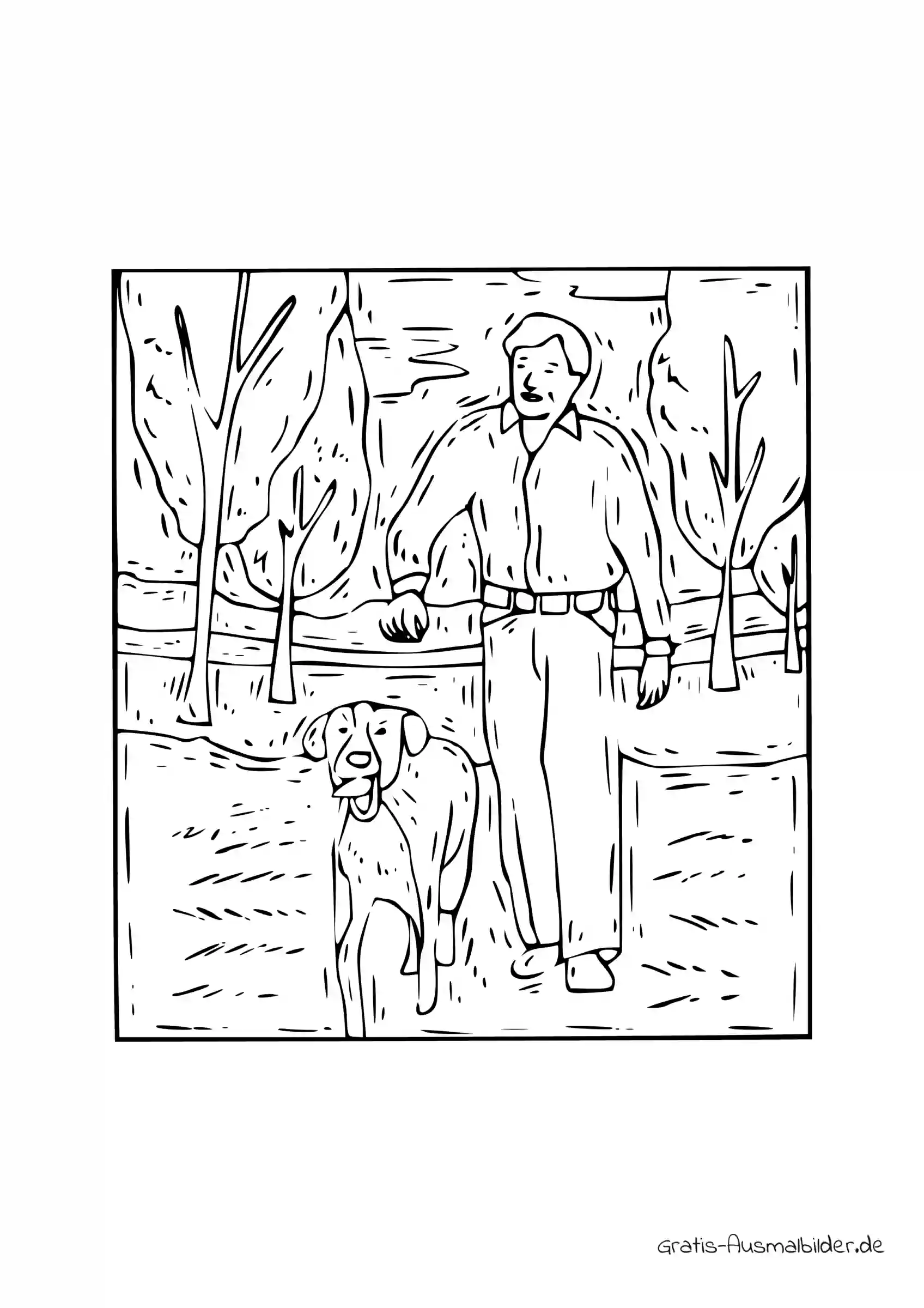Ausmalbild Mensch mit Hund im Wald