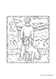 Ausmalbild Mensch mit Hund in Landschaft