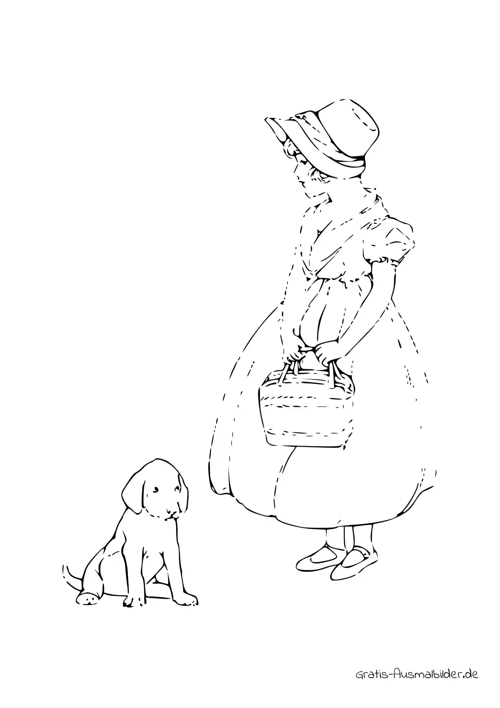 Ausmalbild Süßer Hund mit Frau mit Hut