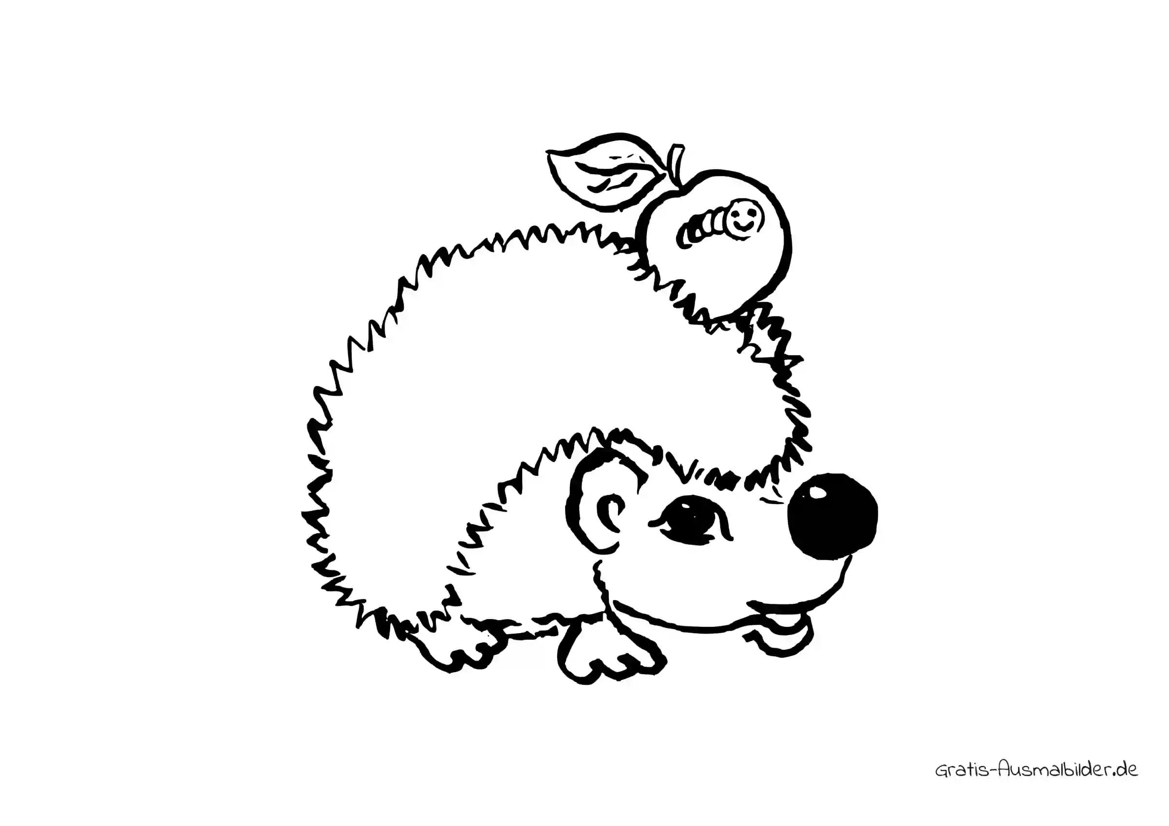 Ausmalbild Igel mit Apfel und Wurm - Kostenlose Malvorlagen bei Gratis ...