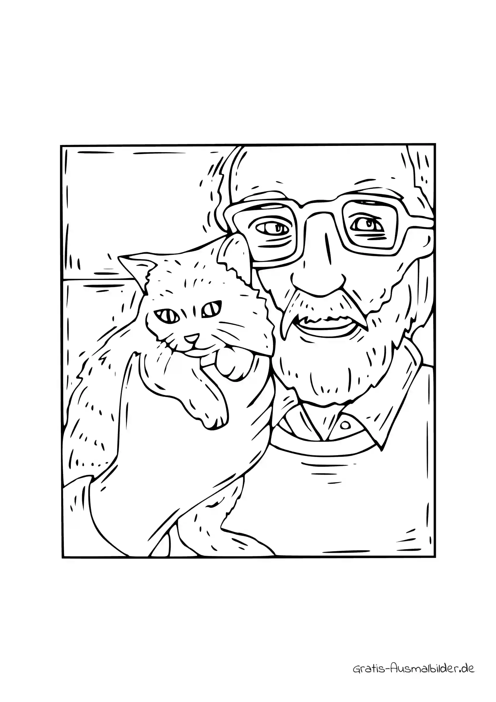 Ausmalbild Großvater mit Katze