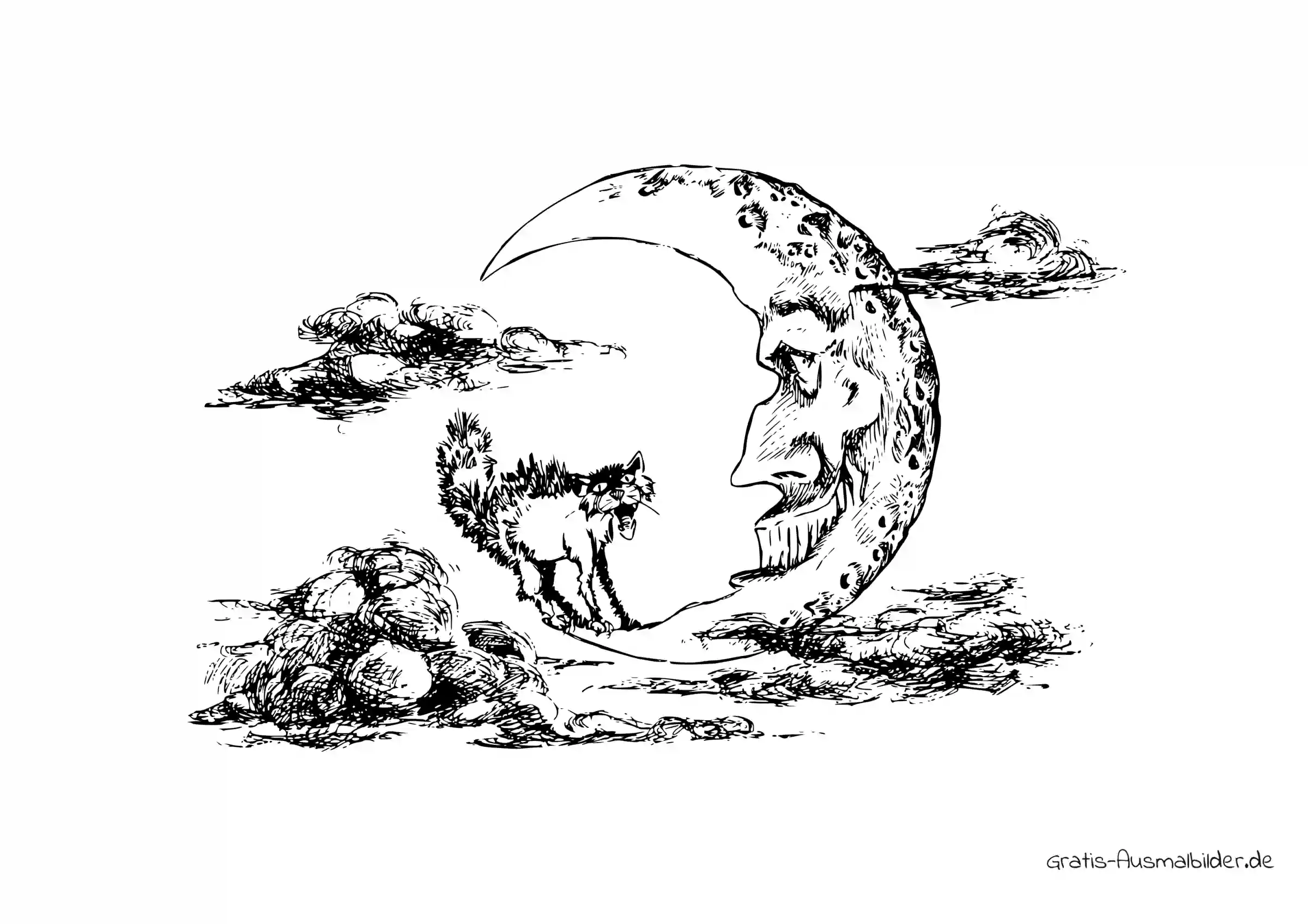 Ausmalbild Mond mit Katze