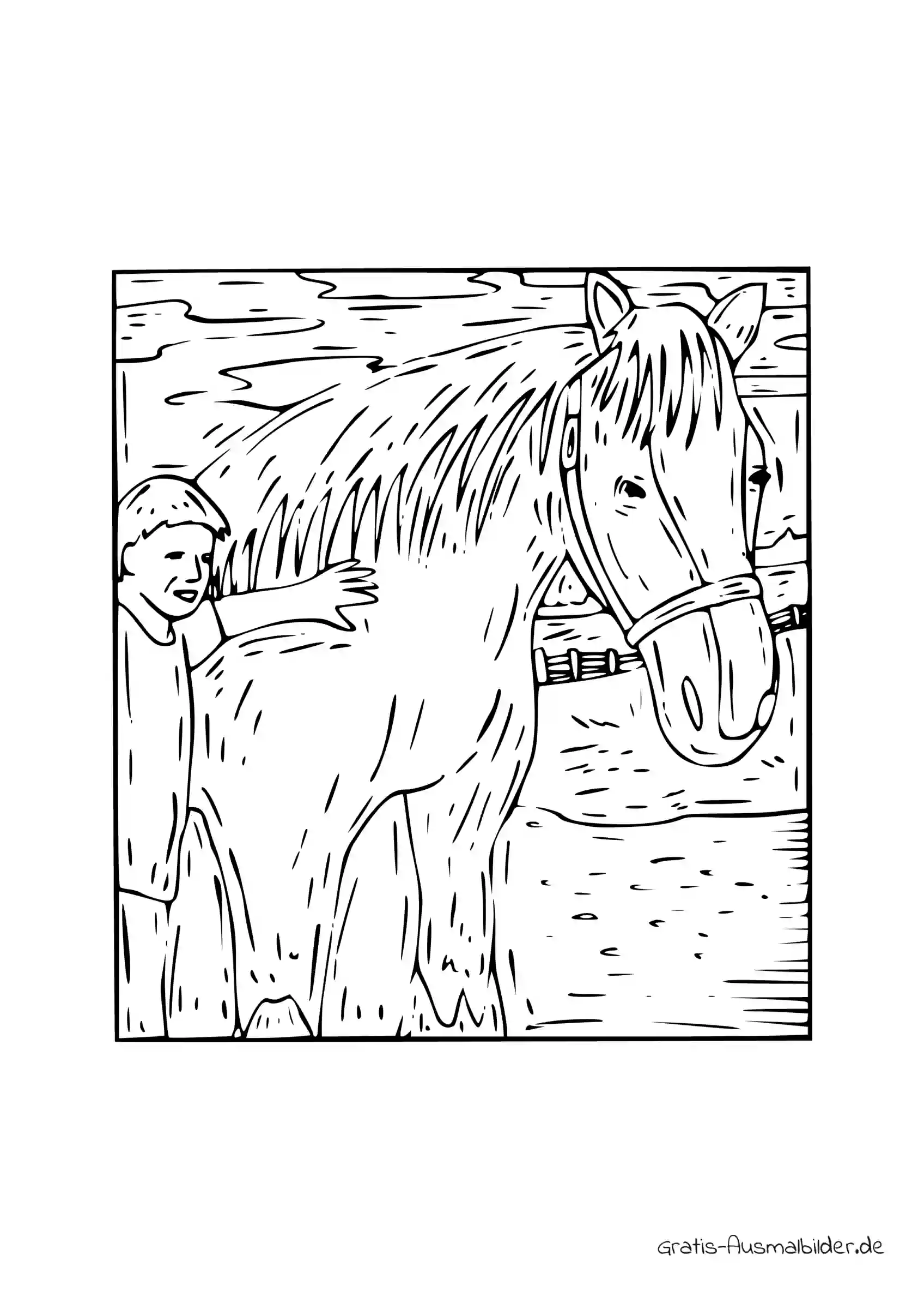 Ausmalbild Junge streichelt Pferd