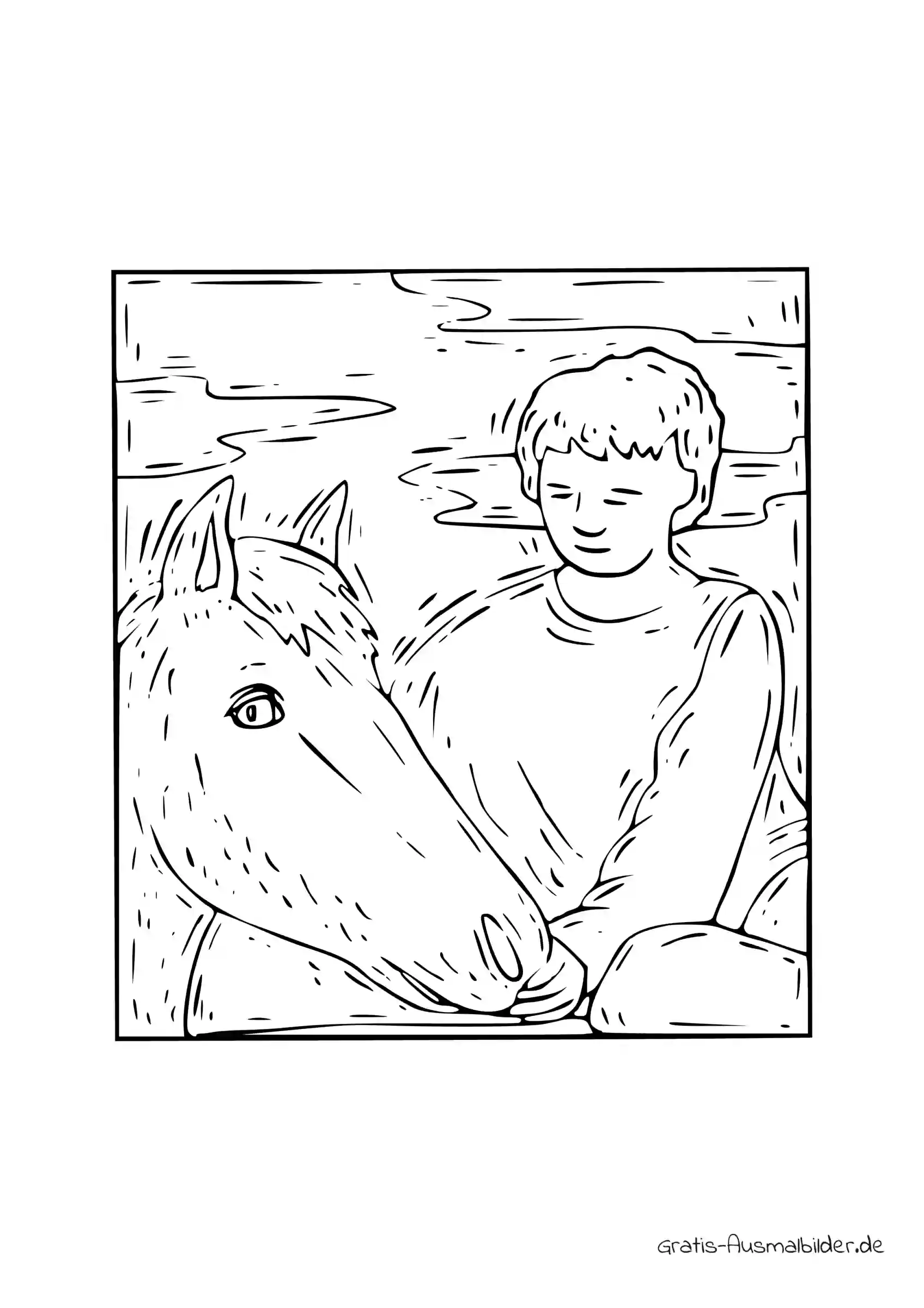 Ausmalbild Junger pflegt Pferd