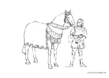 Ausmalbild Mann neben Pferd