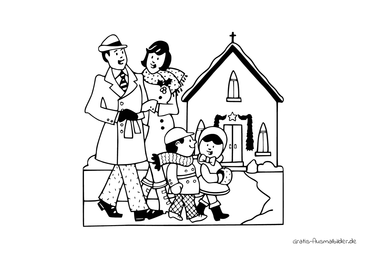 Ausmalbild Familie an Weihnachten auf dem Weg zur Kirche