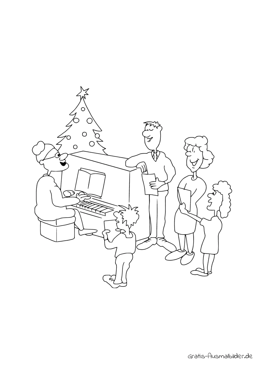 Ausmalbild Familie singt an Weihnachten