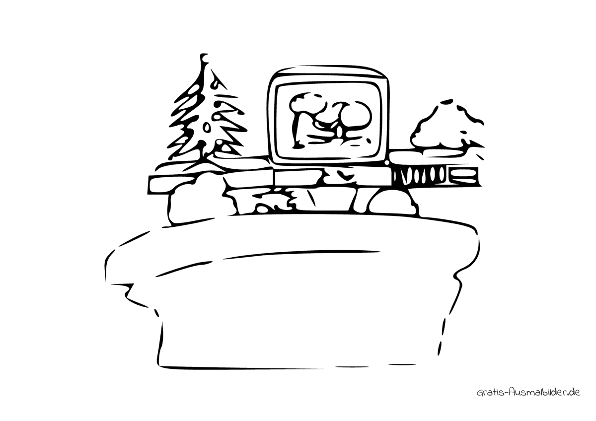 Ausmalbild Familie vor dem Fernseher mit Weihnachtsbaum
