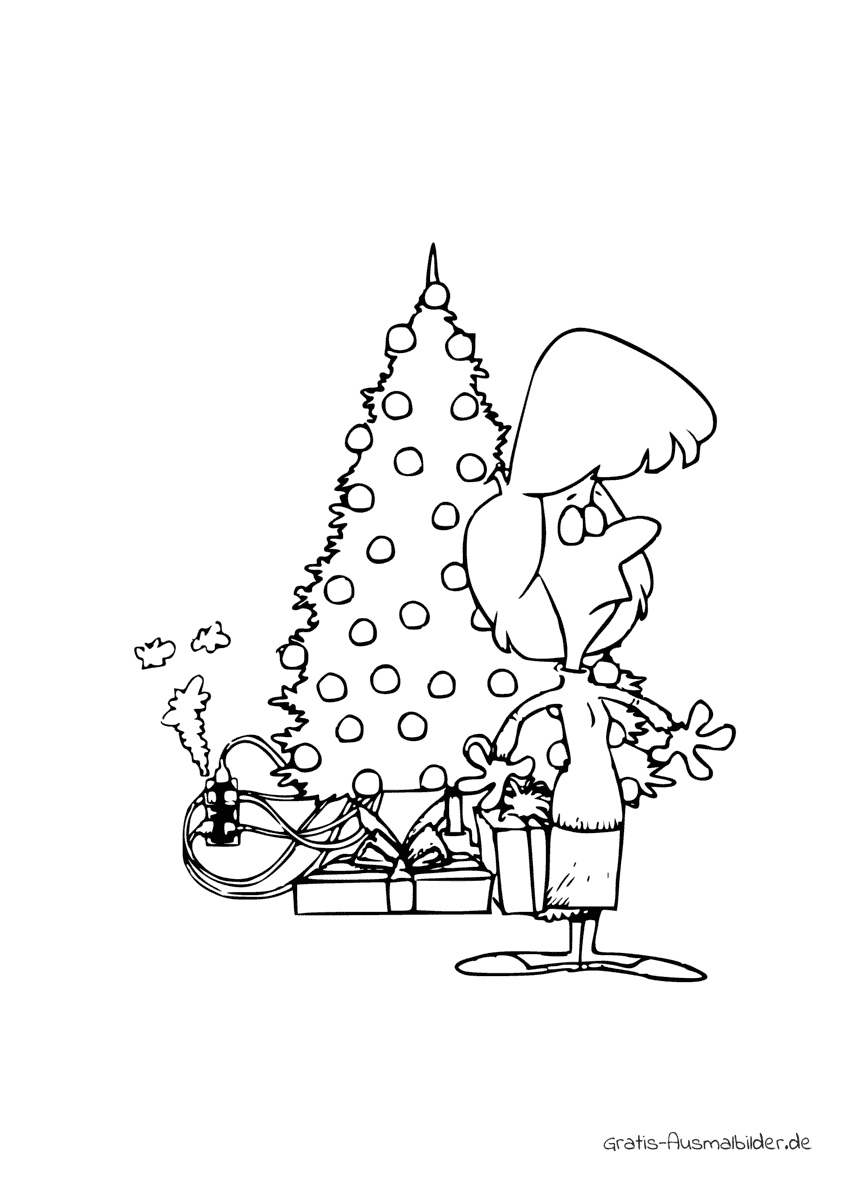Ausmalbild Frau mit Weihnachtsbaum