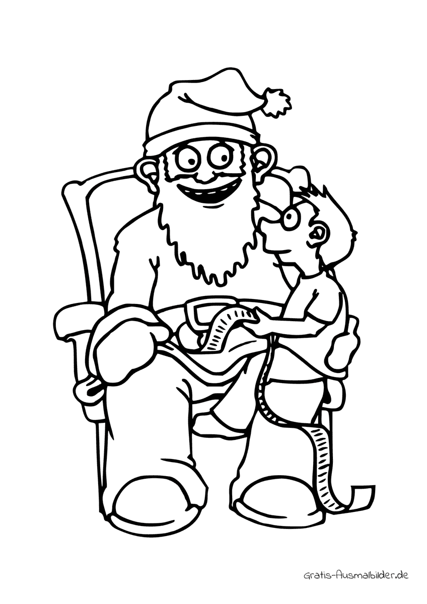Ausmalbild Junge mit Weihnachtsmann