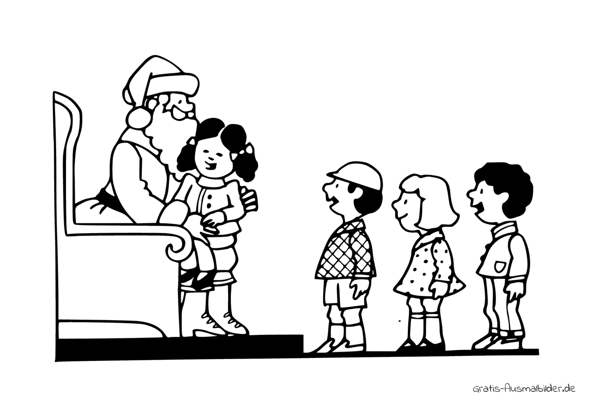 Ausmalbild Kinder auf Weihnachtsmannschoss