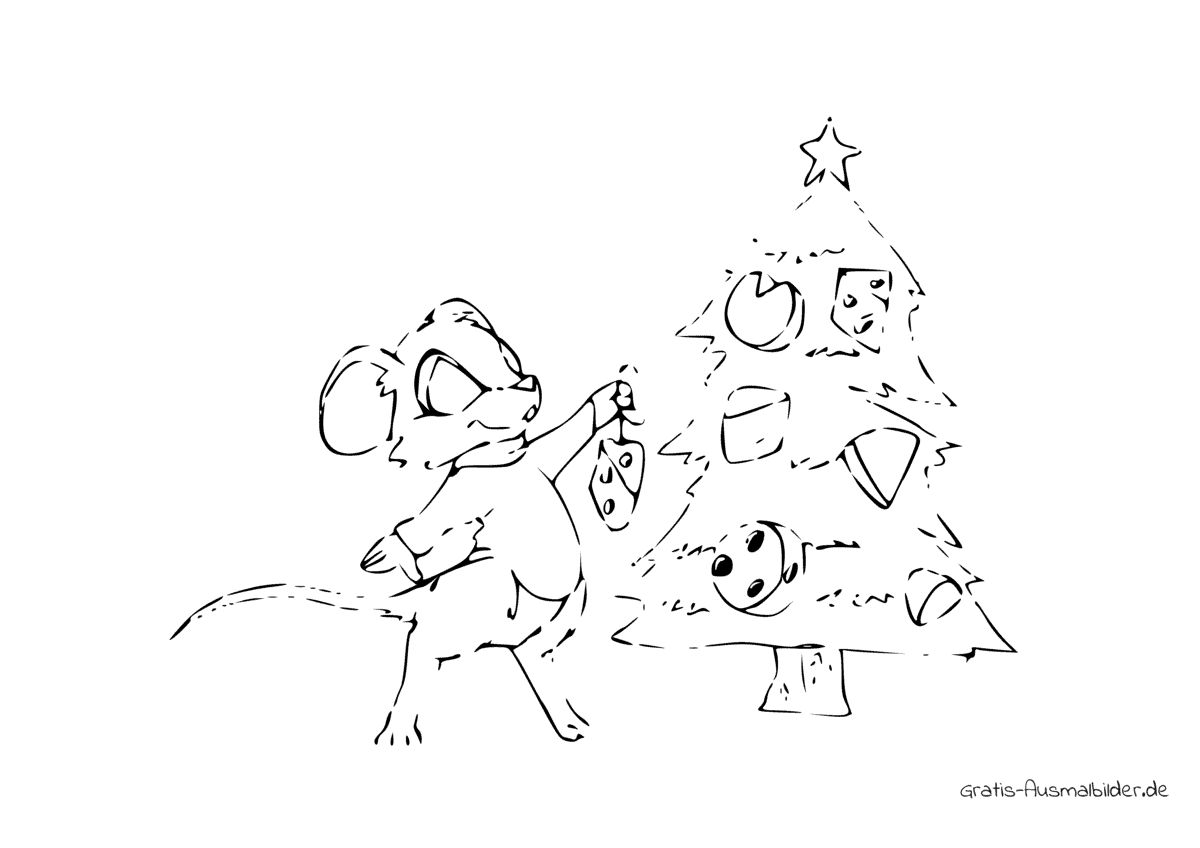 Ausmalbild Maus beschmückt Weihnachtsbaum