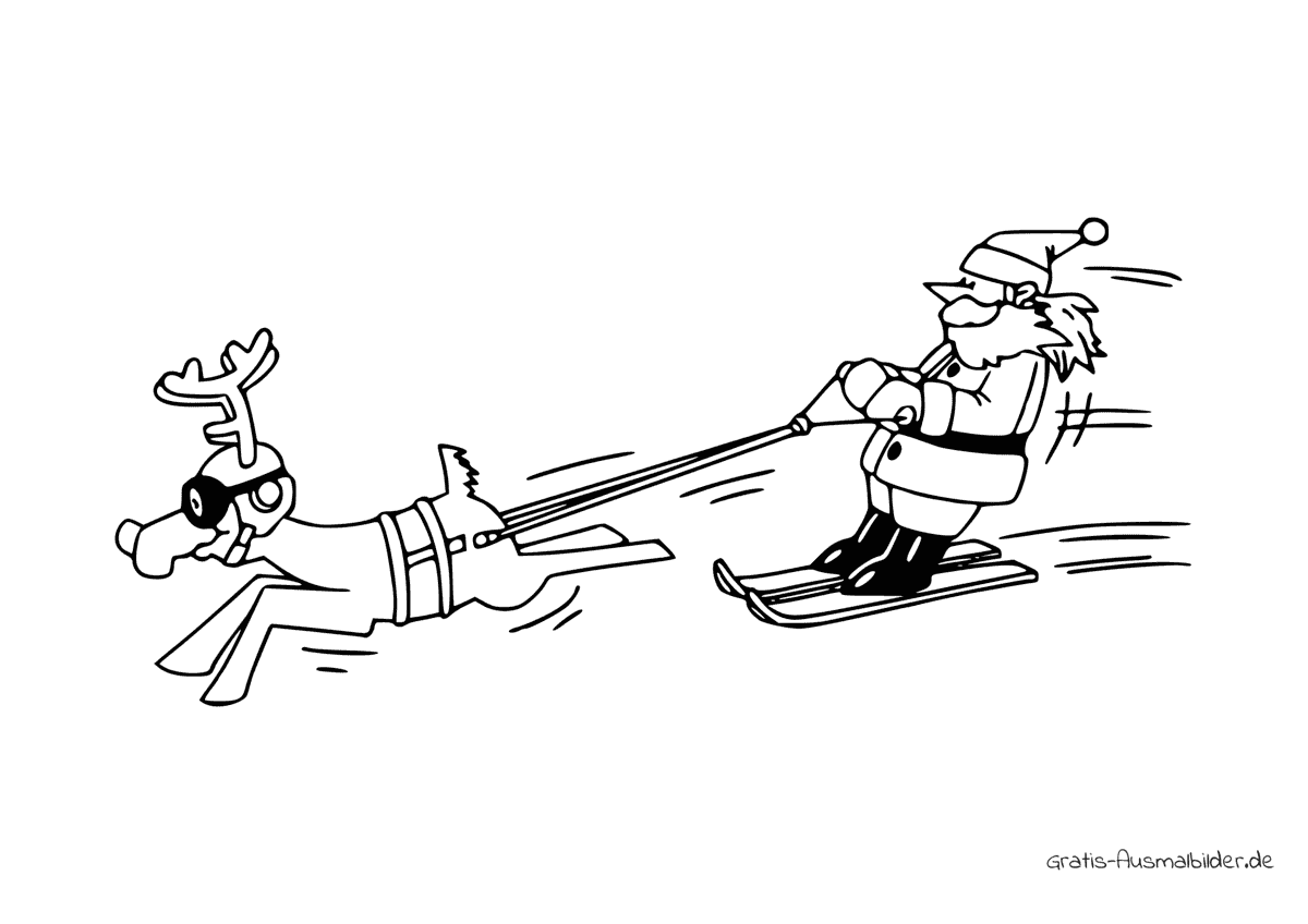 Ausmalbild Nikolaus auf Skiern