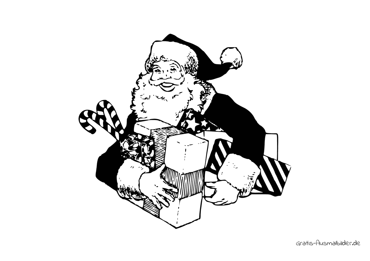 Ausmalbild Nikolaus mit Geschenken