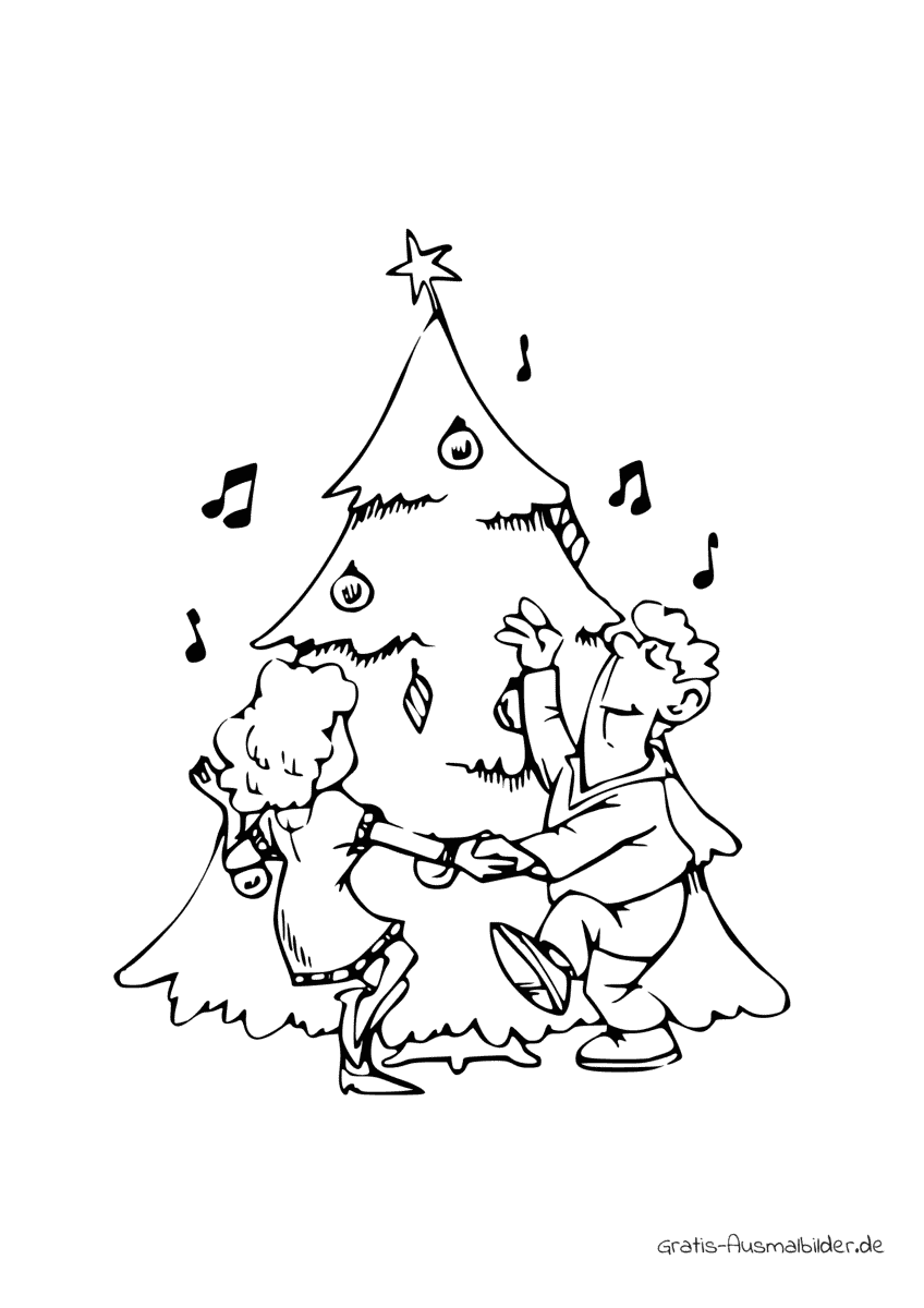 Ausmalbild Paar tanzt um Weihnachtsbaum