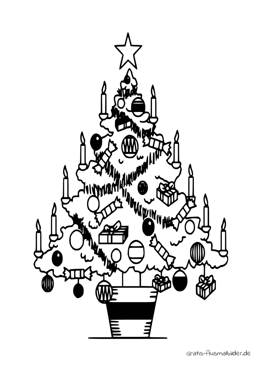 Ausmalbild Weihnachtsbaum im Topf mit Stern