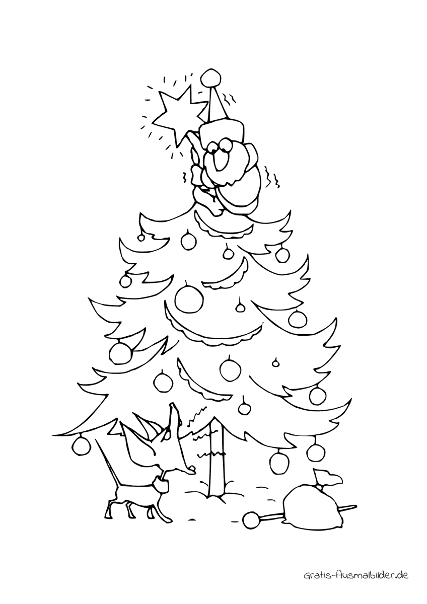 Ausmalbild Weihnachtsbaum mit Hund