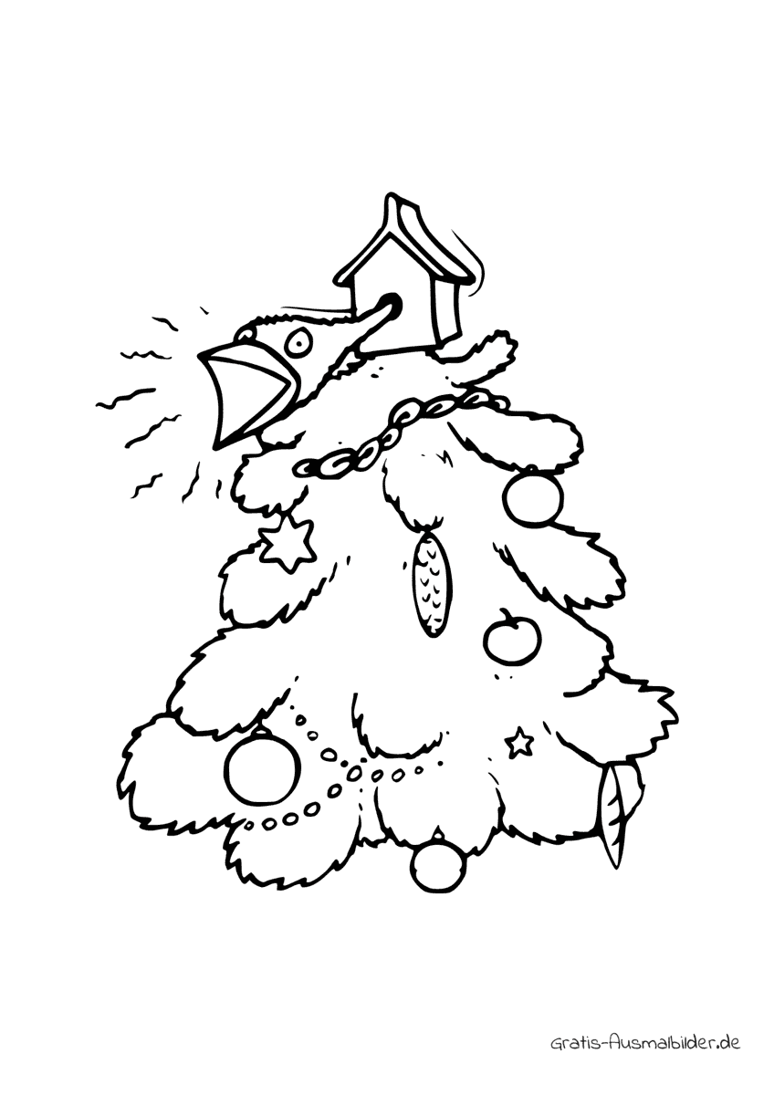 Ausmalbild Weihnachtsbaum mit Kuckuck