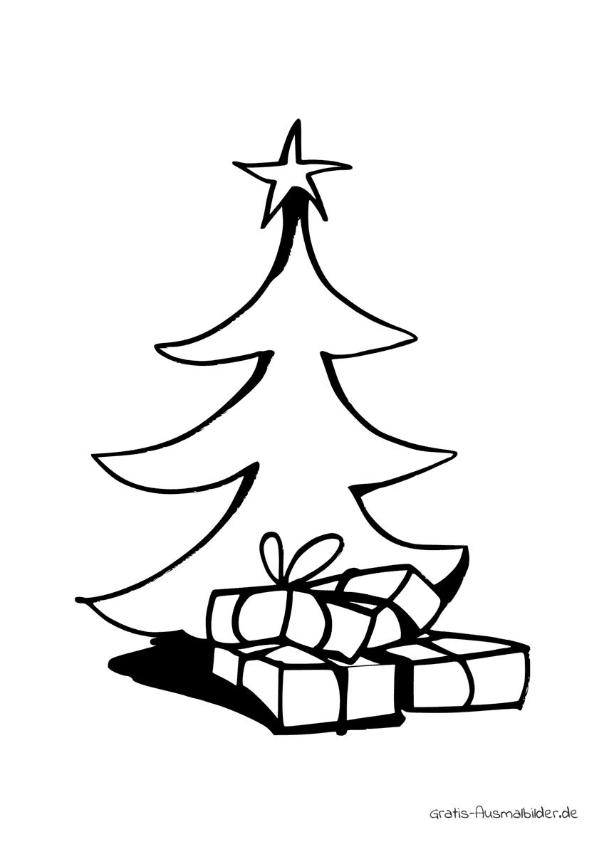Ausmalbild Weihnachtsbaum mit Stern und Geschenke