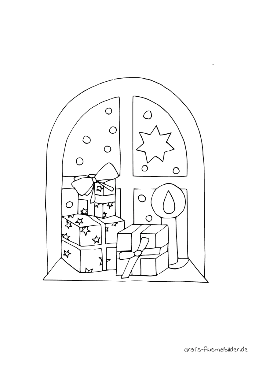 Ausmalbild Weihnachtsfenster mit Geschenk