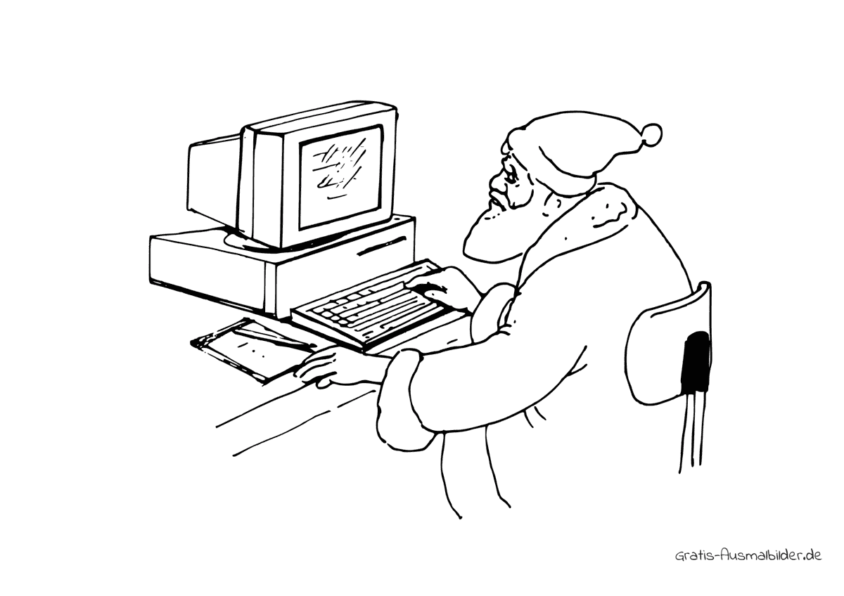 Ausmalbild Weihnachtsmann an PC
