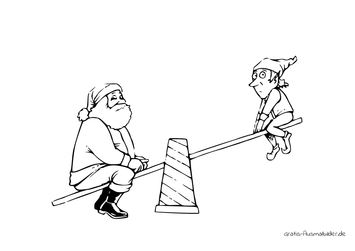 Ausmalbild Weihnachtsmann auf einer Wippe