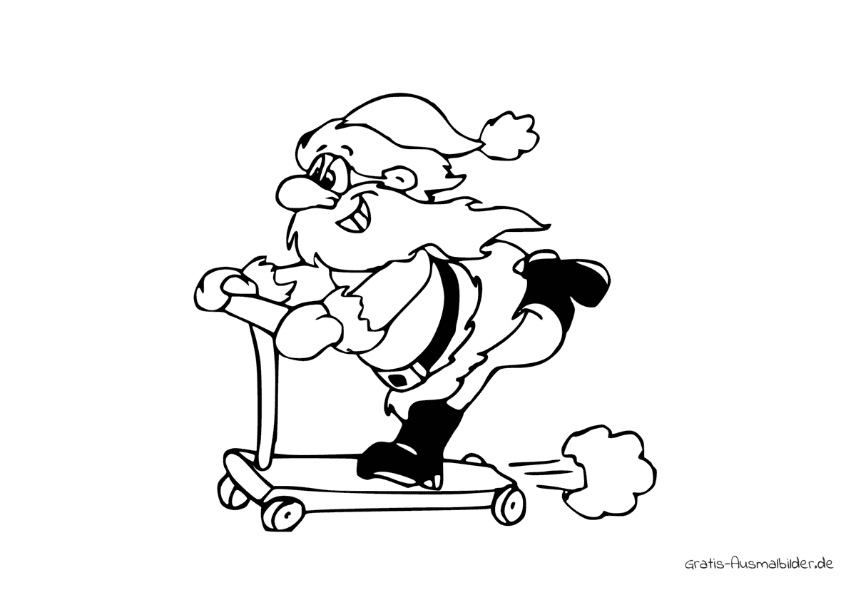 Ausmalbild Weihnachtsmann auf Roller