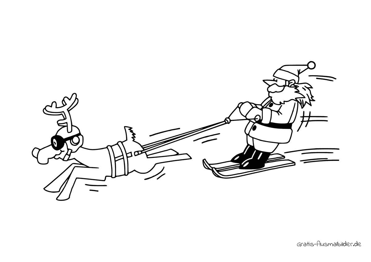 Ausmalbild Weihnachtsmann auf Ski