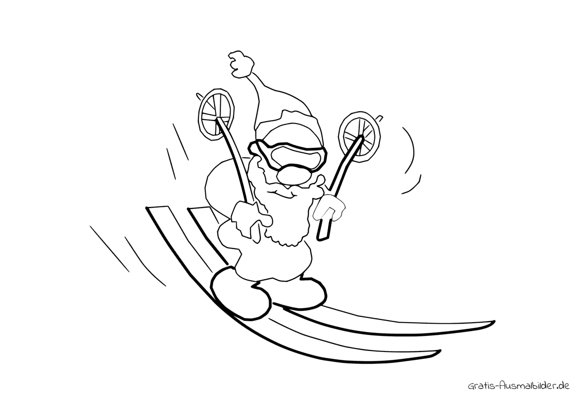 Ausmalbild Weihnachtsmann fährt auf Skiern