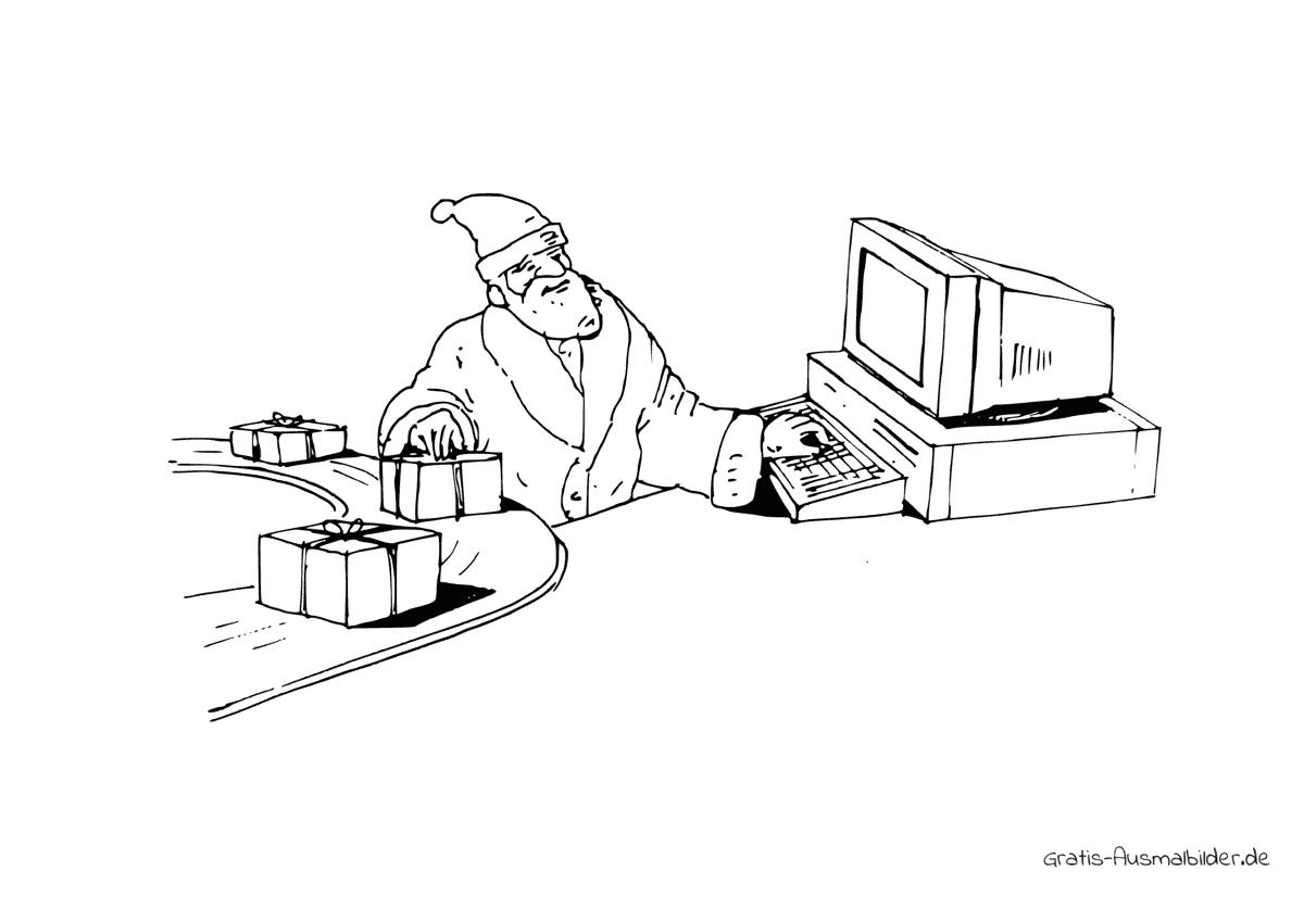 Ausmalbild Weihnachtsmann mit Computer