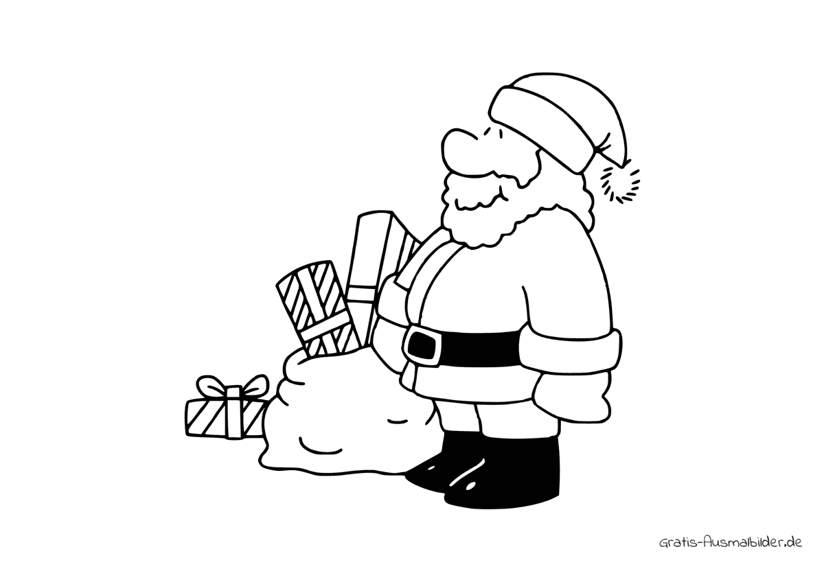 Ausmalbild Weihnachtsmann mit einem Sack und Geschenken