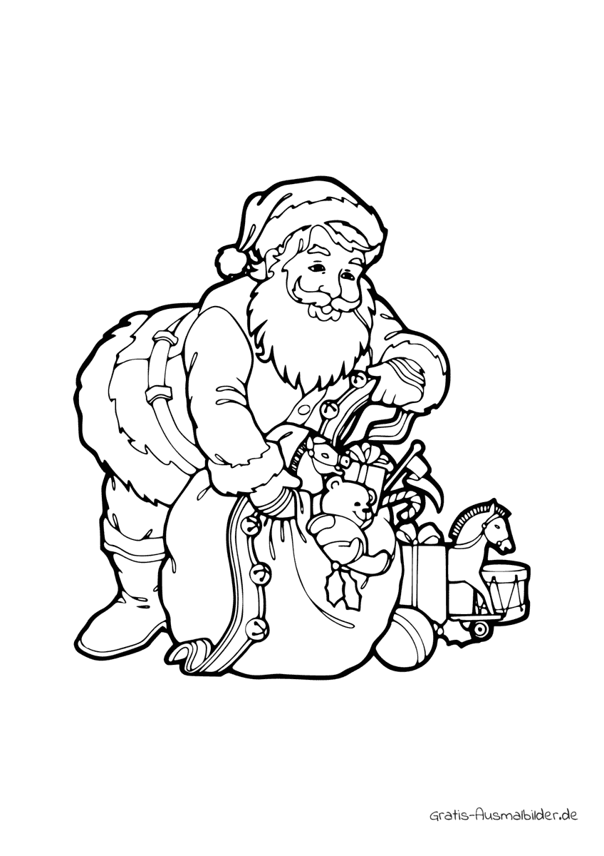 Ausmalbild Weihnachtsmann mit Geschenksac