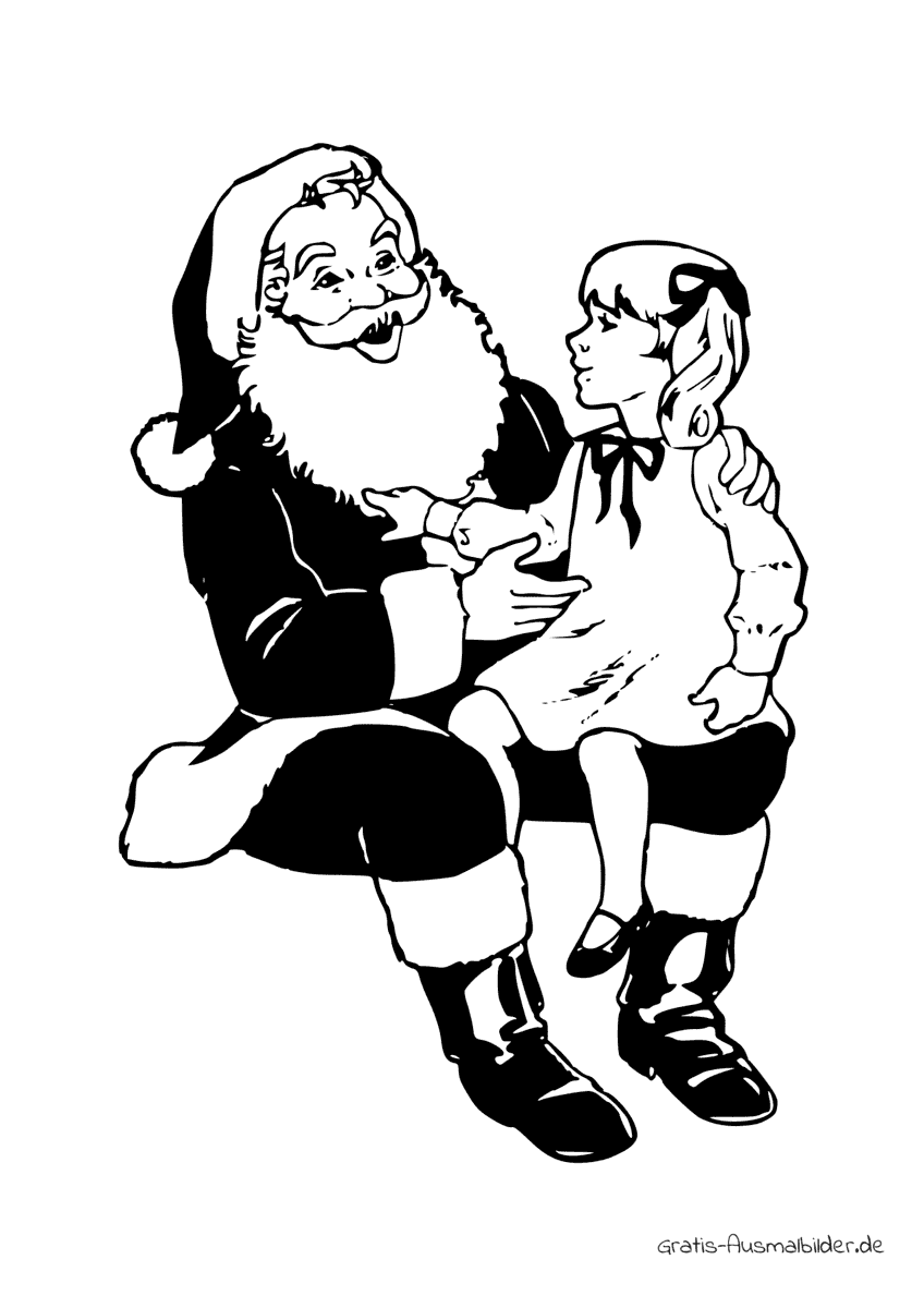 Ausmalbild Weihnachtsmann mit Mädchen