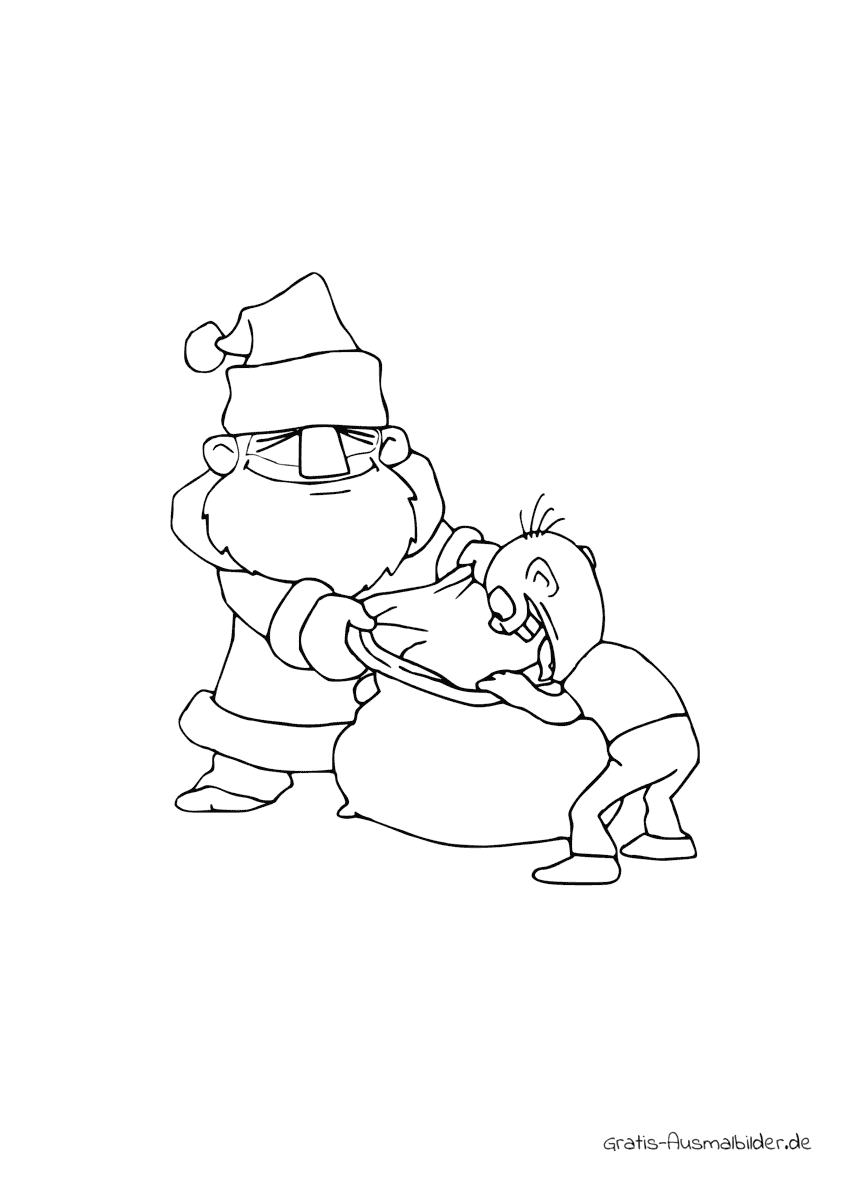 Ausmalbild Weihnachtsmann mit Sack und Kind