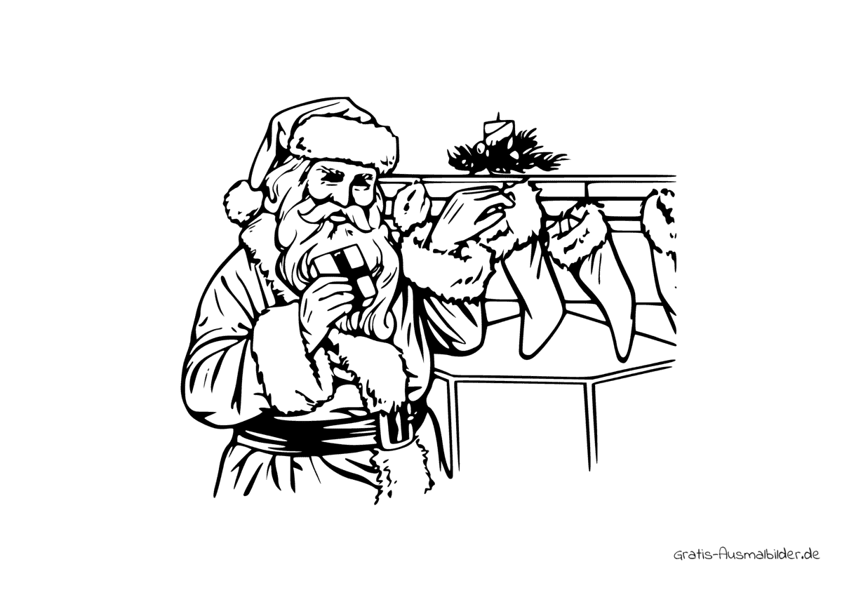 Ausmalbild Weihnachtsmann mit Socken