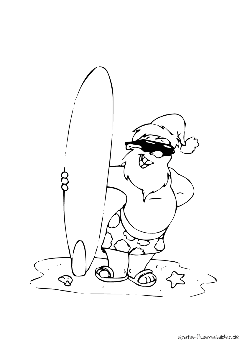 Ausmalbild Weihnachtsmann mit Surfbrett