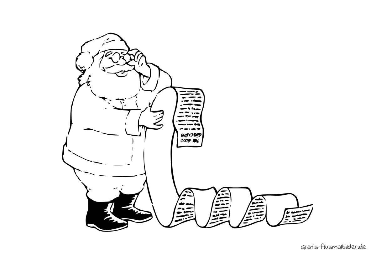 Ausmalbild Weihnachtsmann mit Wunschliste