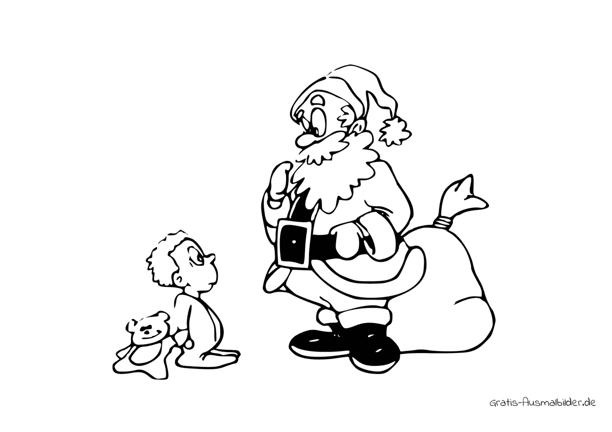Ausmalbild Weihnachtsmann und Junge