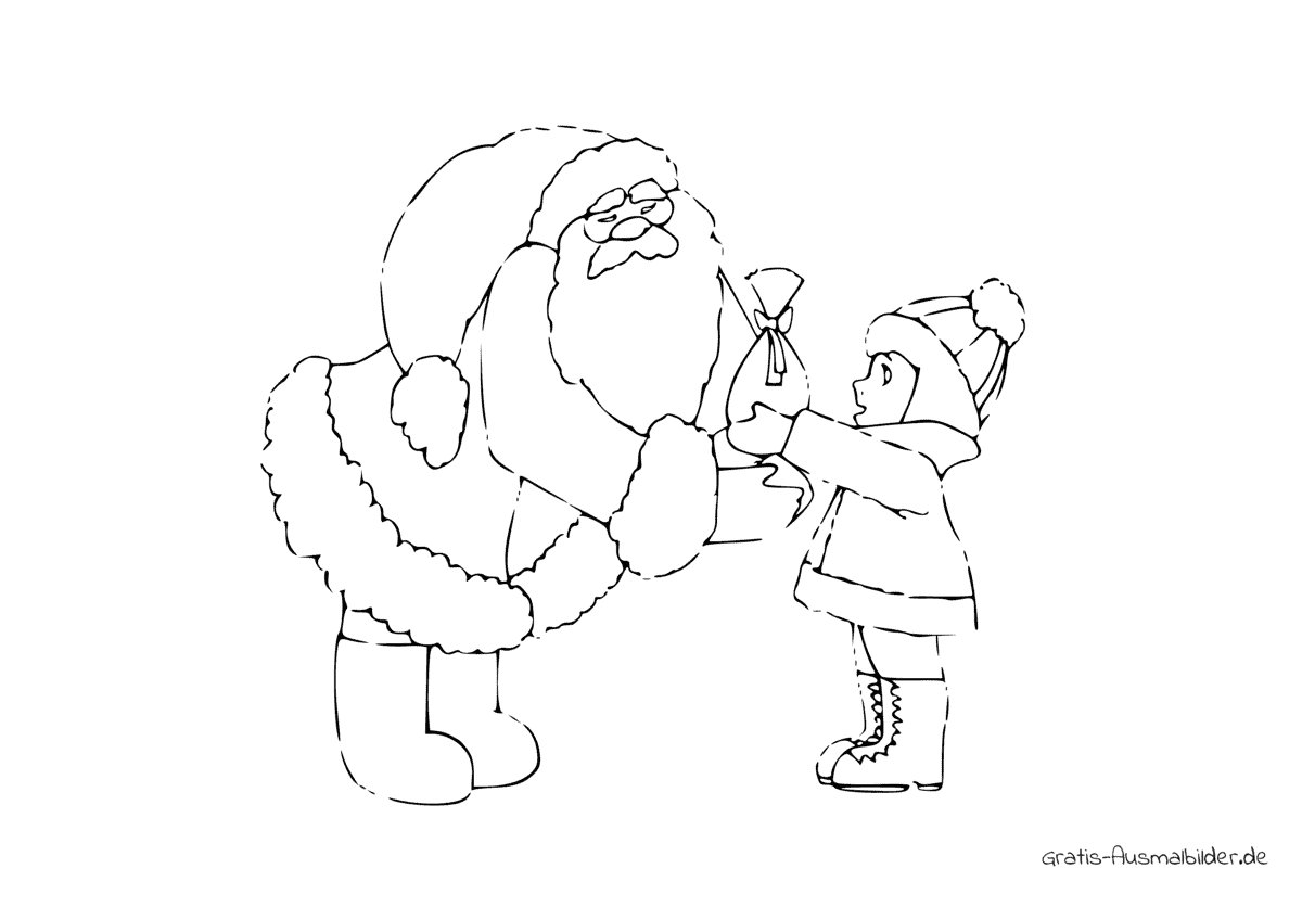 Ausmalbild Weihnachtsmann und Mädchen