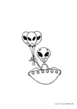 Ausmalbild Ufo mit einem Alien und Alienluftballons