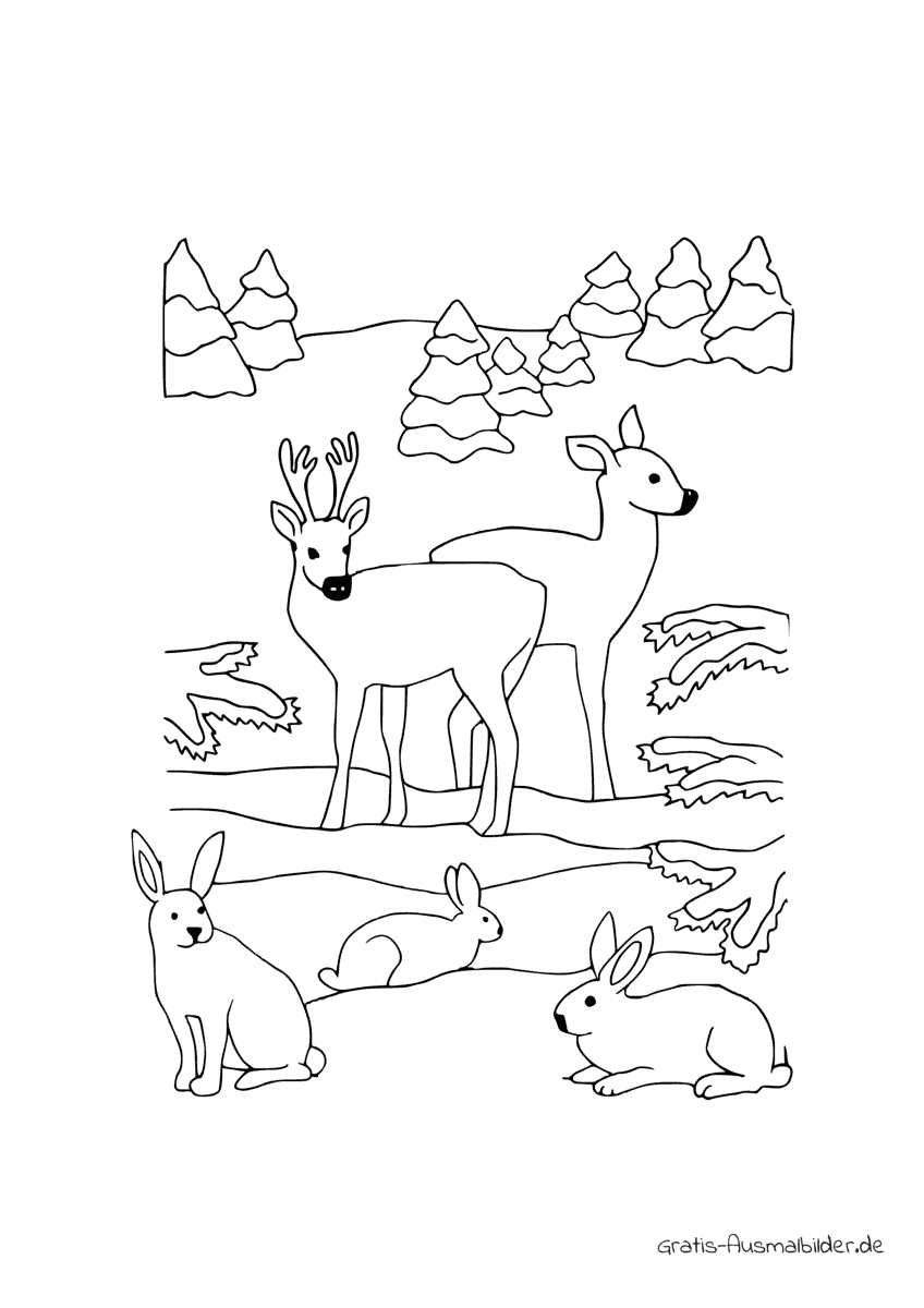Ausmalbild Hirsche und Hasen im Wald
