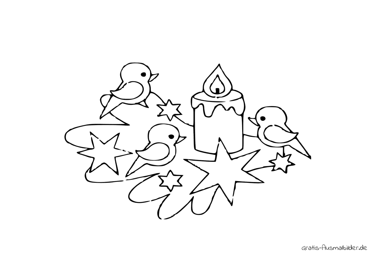 Ausmalbild Kerze und Vögel