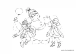 Ausmalbild Kinder spielen vor Schneemann