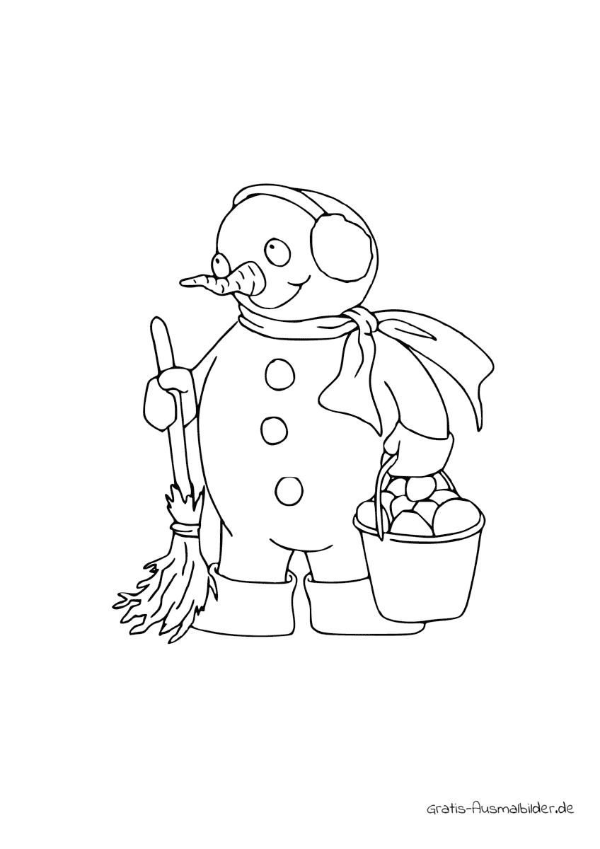 Ausmalbild Schneemann beim Putzen