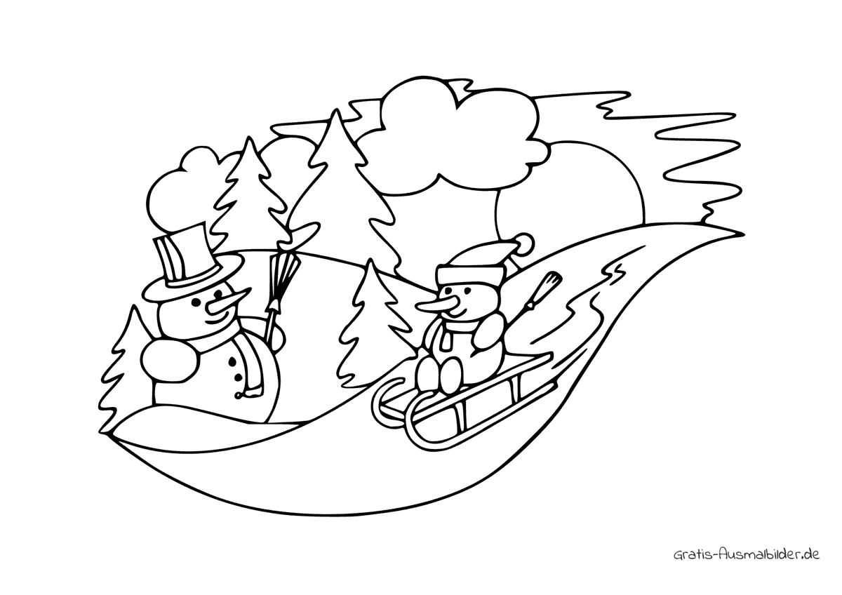 Ausmalbild Schneemann beim Schlitten fahr