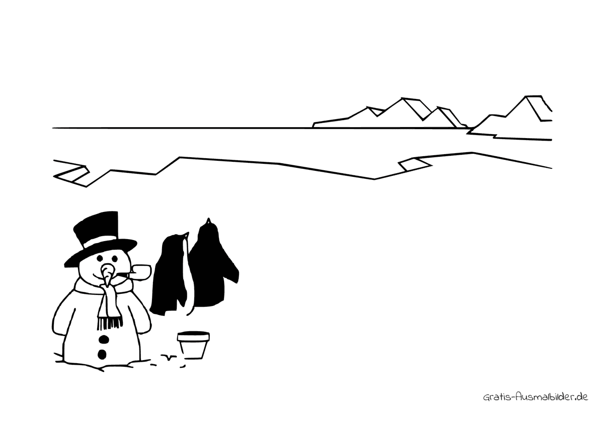 Ausmalbild Schneemann mit Pinguinen